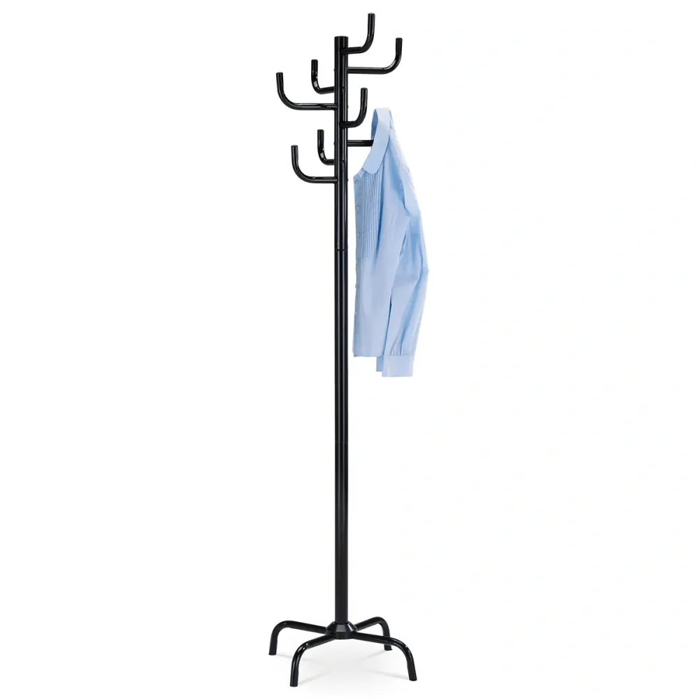 Věšák stojanový, kovová konstrukce, černý leský lak, výška 182 cm, nosnost 10 kg