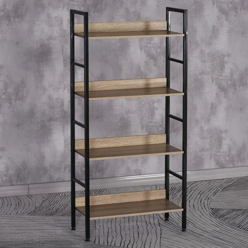 Regál, 4 police, dekor dub, MDF, černý lak