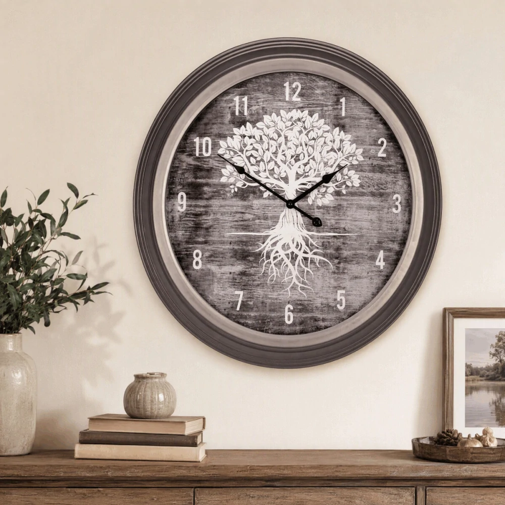 Nástěnné hodiny 58 cm – Strom života, MDF a kov, hnědé