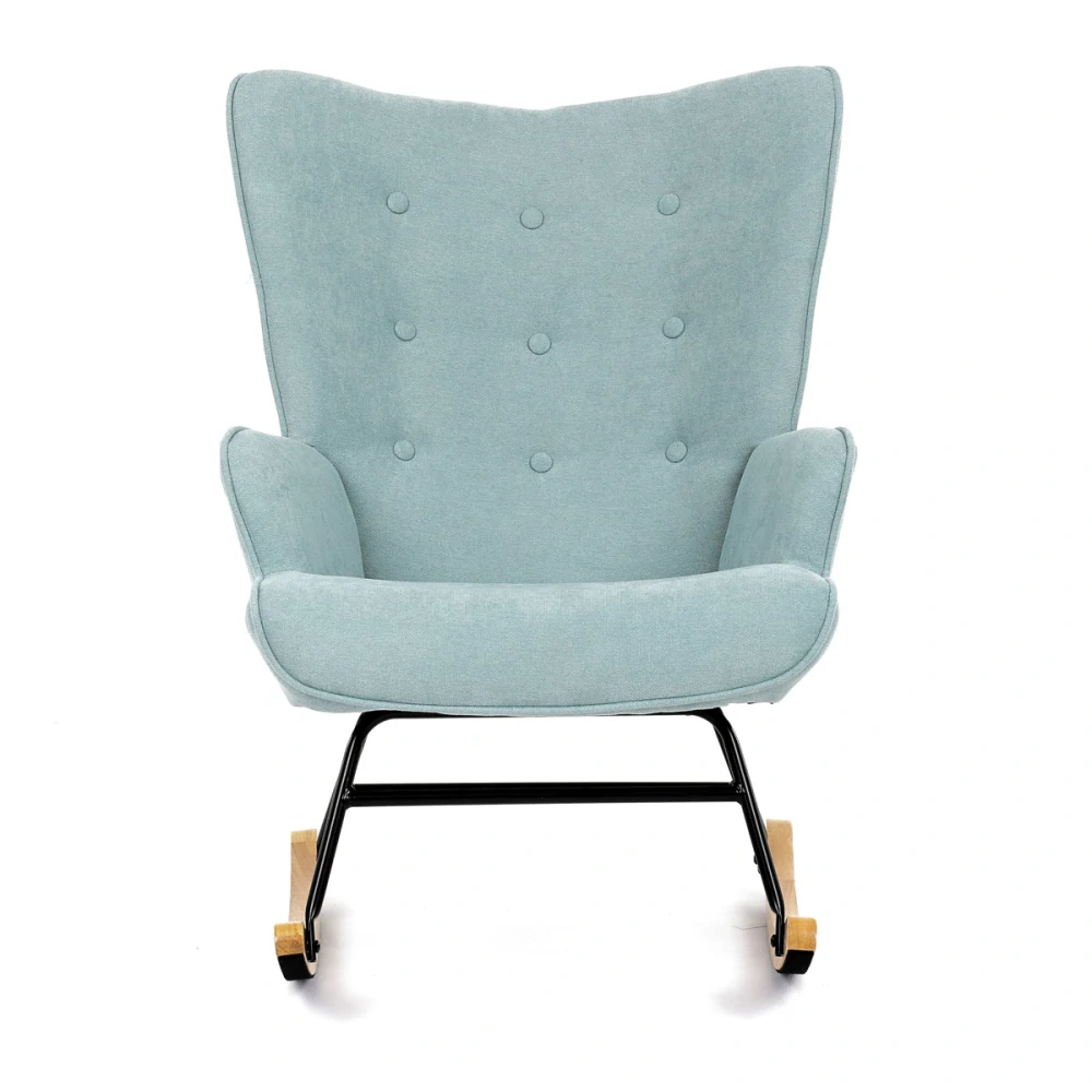 Křeslo houpací, potah světle modrá látka, dřevěné nohy, masiv kaučukovník