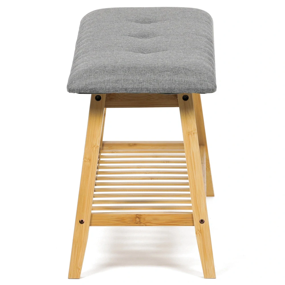 Botník / taburet, police, masiv bambus, přírodní odstín, šedá látka