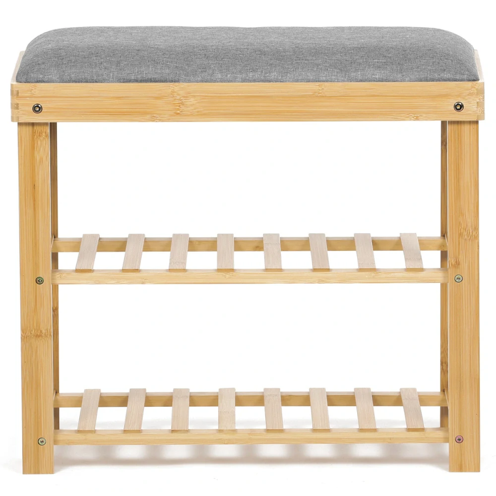 Botník / taburet, 2 police, masiv bambus, přírodní odstín, šedá látka