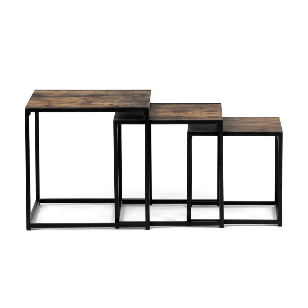 Set 3 ks odkládacích stolků, MDF, dekor staré dřevo, kov, černý lak