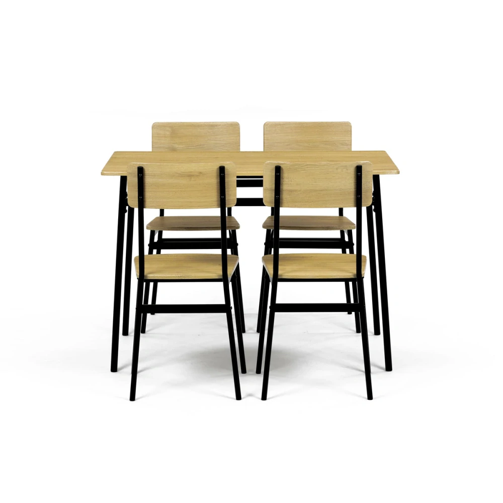 Jídelní set (1+4), MDF dekor divoký dub, čtyřnohá kovová podnož, černý matný lak