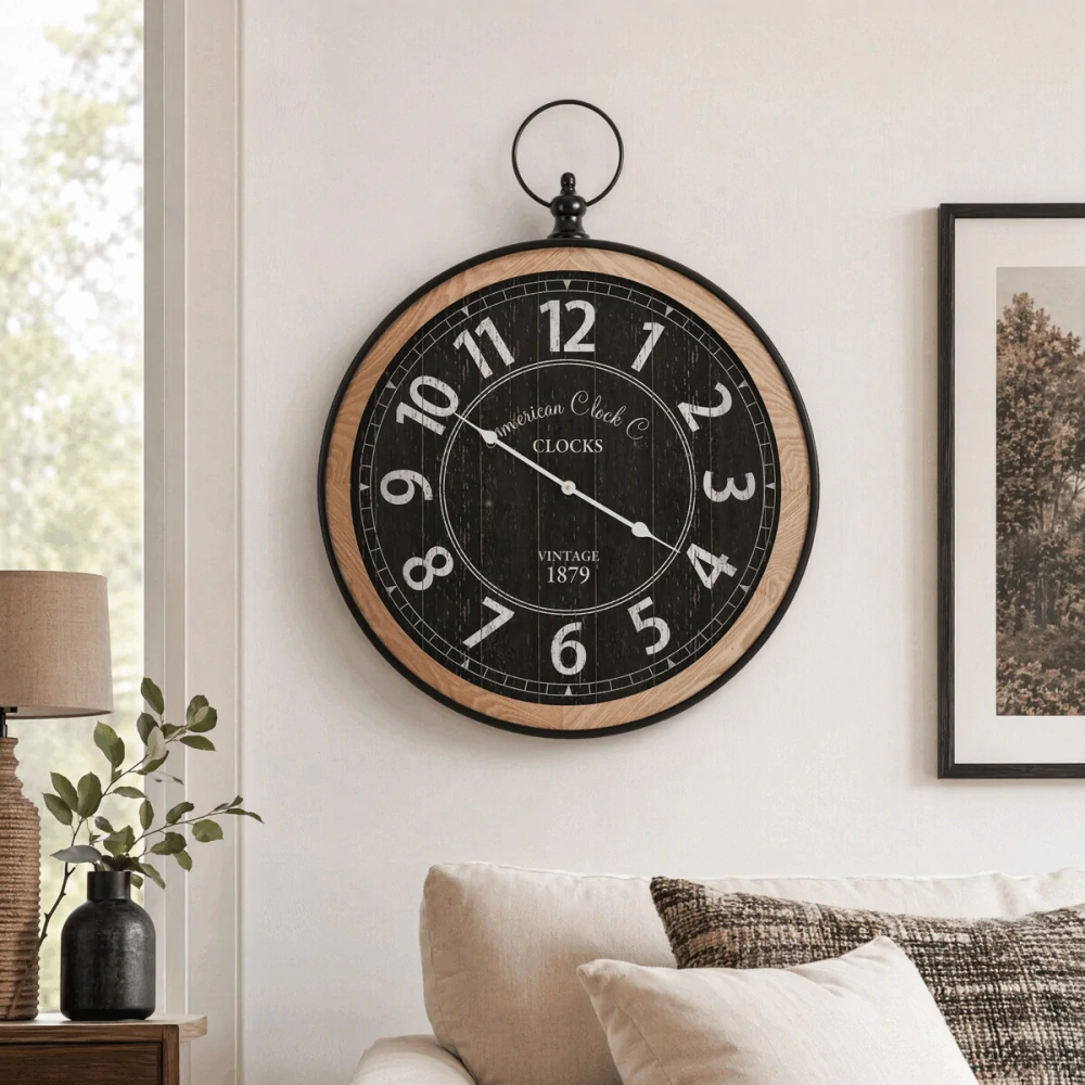 Nástěnné hodiny 58 × 75 cm – kapesní hodinky, černé
