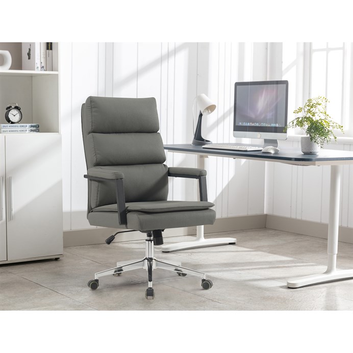 Židle kancelářská, šedá ekokůže, kříž kov chromový, houpací mechanismus, čalouněné područky