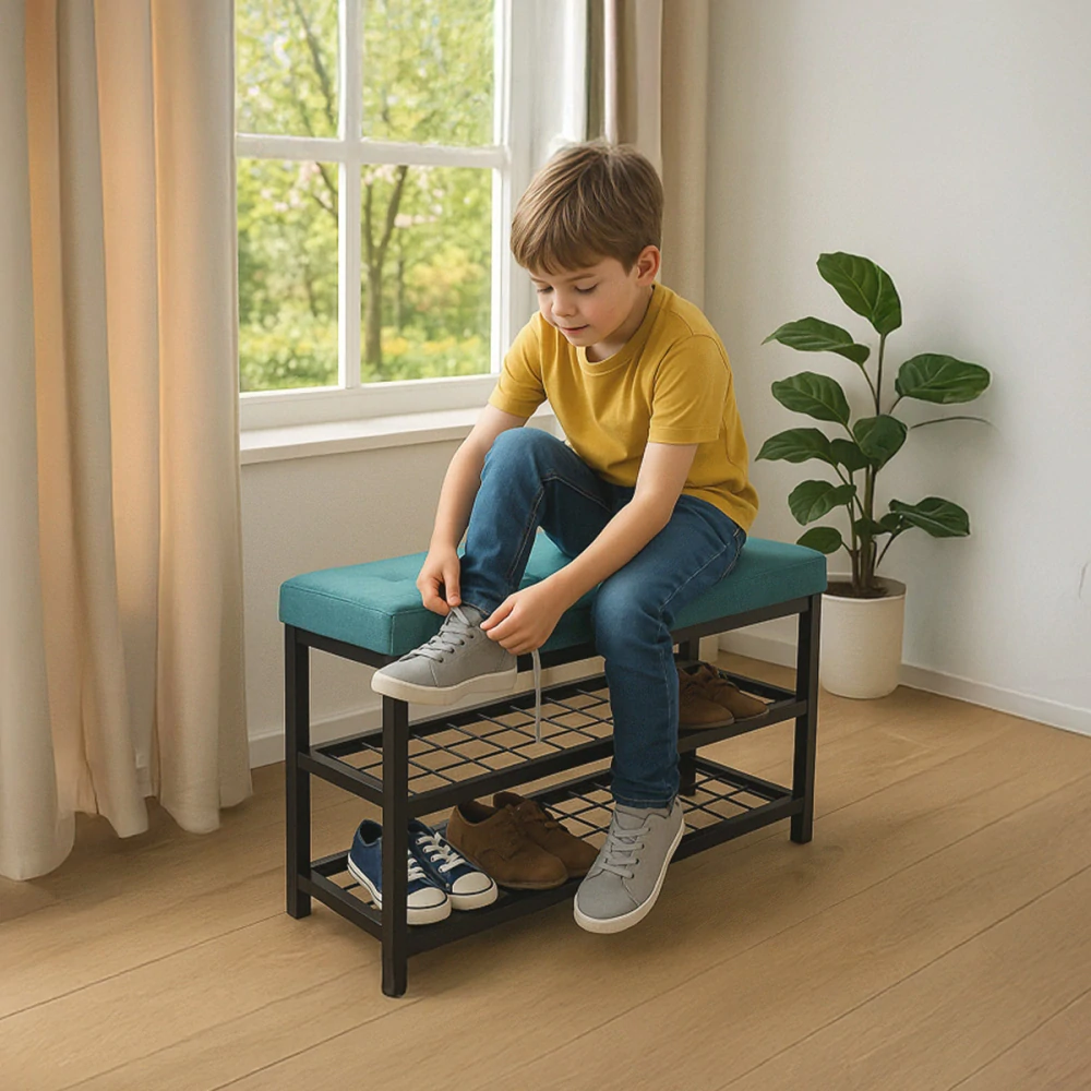 Botník 2 police, potah zelená látka, kov - černý matný lak