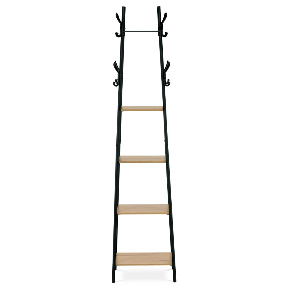 Věšák se 4 policemi, dekor divoký dub, MDF, černý lak