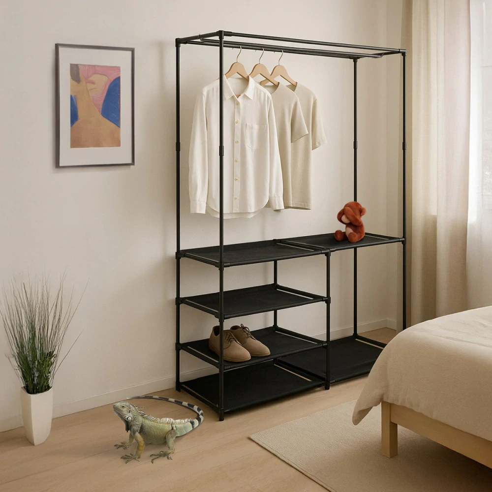 Stojan na šaty dvouramenný se čtyřmi policemi, černá barva, kov / plast, chrom