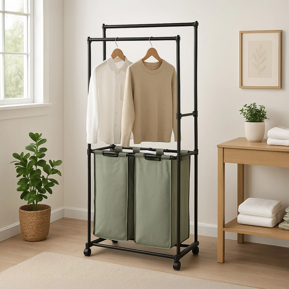 Věšák dvouramenný s košem na prádlo, černý plast.