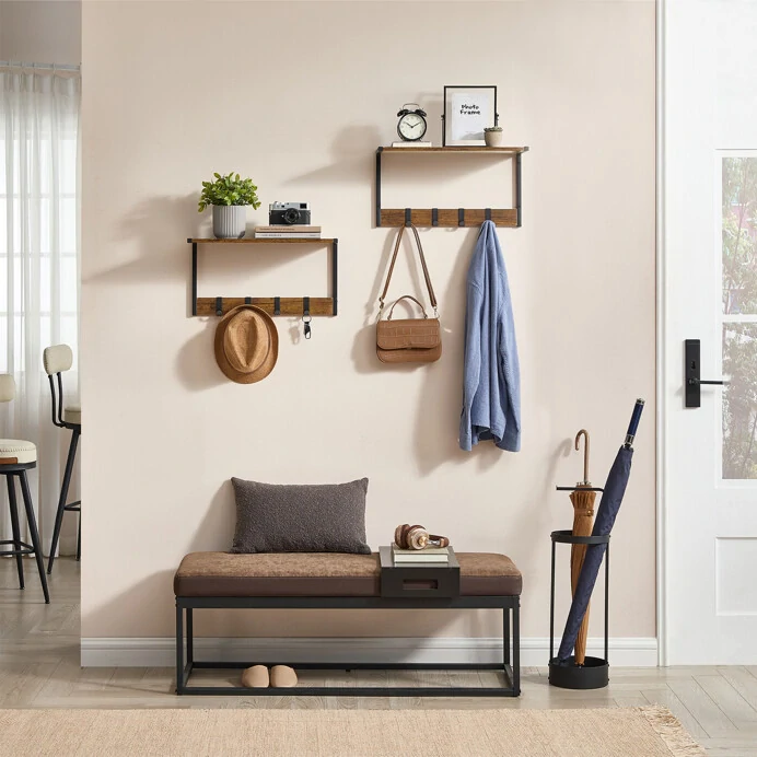 Set 2 nástěnných poliček MDF – Old Wood, hnědá + kovové prvky | ABP-E1083-OLW