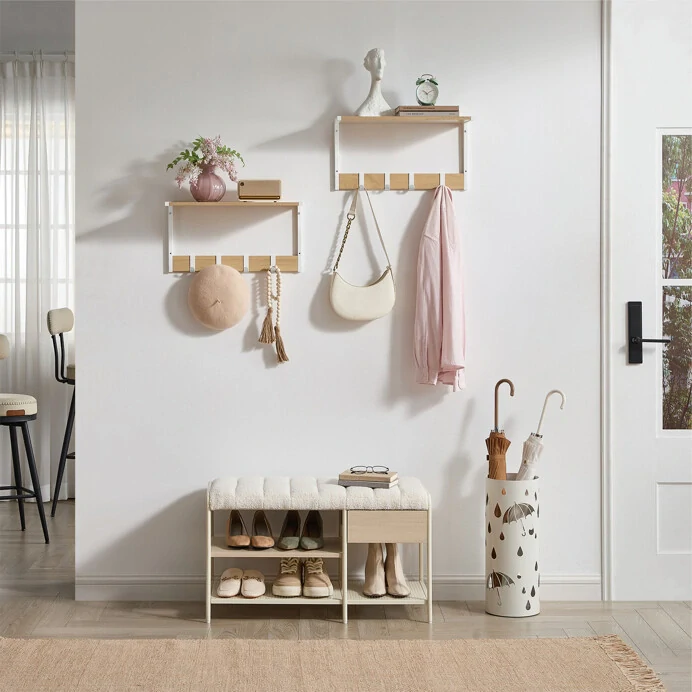 Set 2 nástěnných poliček MDF – béžová + kovové prvky | ABP‑E1083‑WT