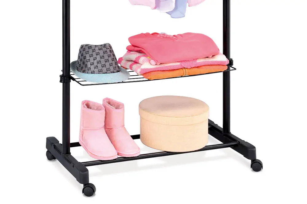 Stojan na šaty s odkladačem a poličkou, černá barva