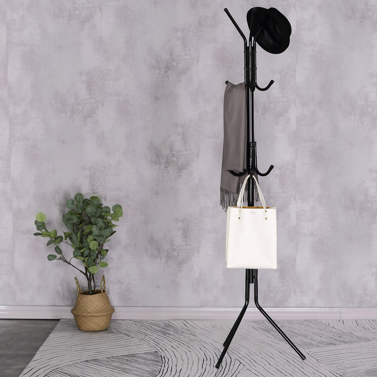 Autronic - Věšák stojanový, výška 170,5 cm, kovová konstrukce, černý lak, nosnost 6 kg