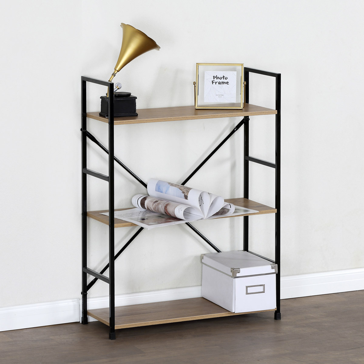 Autronic - Regál, 3 police, dekor dub, MDF, černý lak