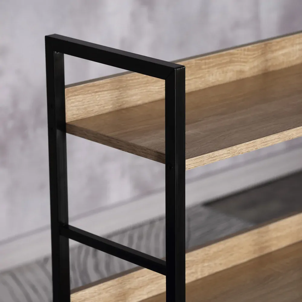 Regál, 4 police, dekor dub, MDF, černý lak