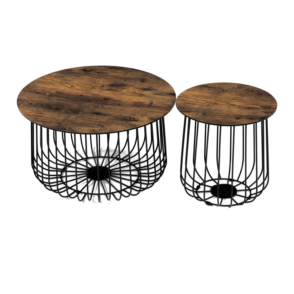 Set 2 ks stolků,pr.60x34, pr.37x39 cm, deska MDF, 3D dekor staré dřevo, kovová drátěná podnož, černý mat