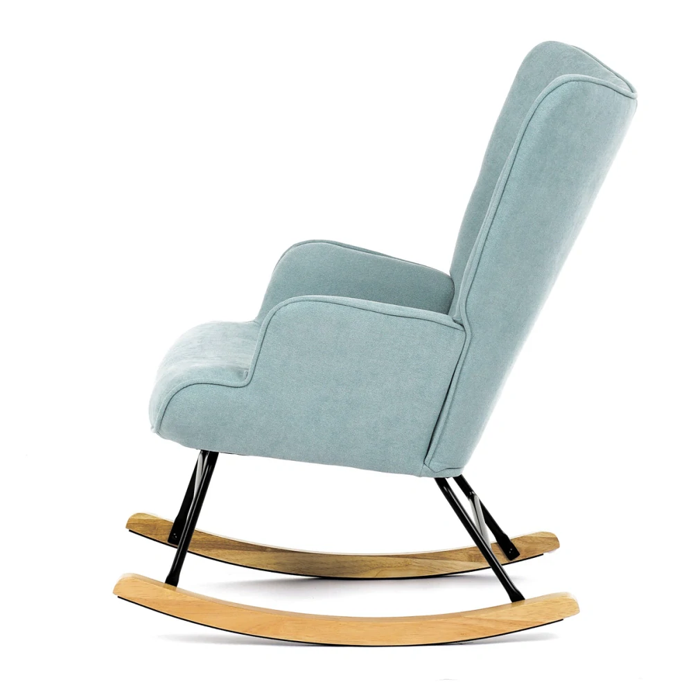 Křeslo houpací, potah světle modrá látka, dřevěné nohy, masiv kaučukovník