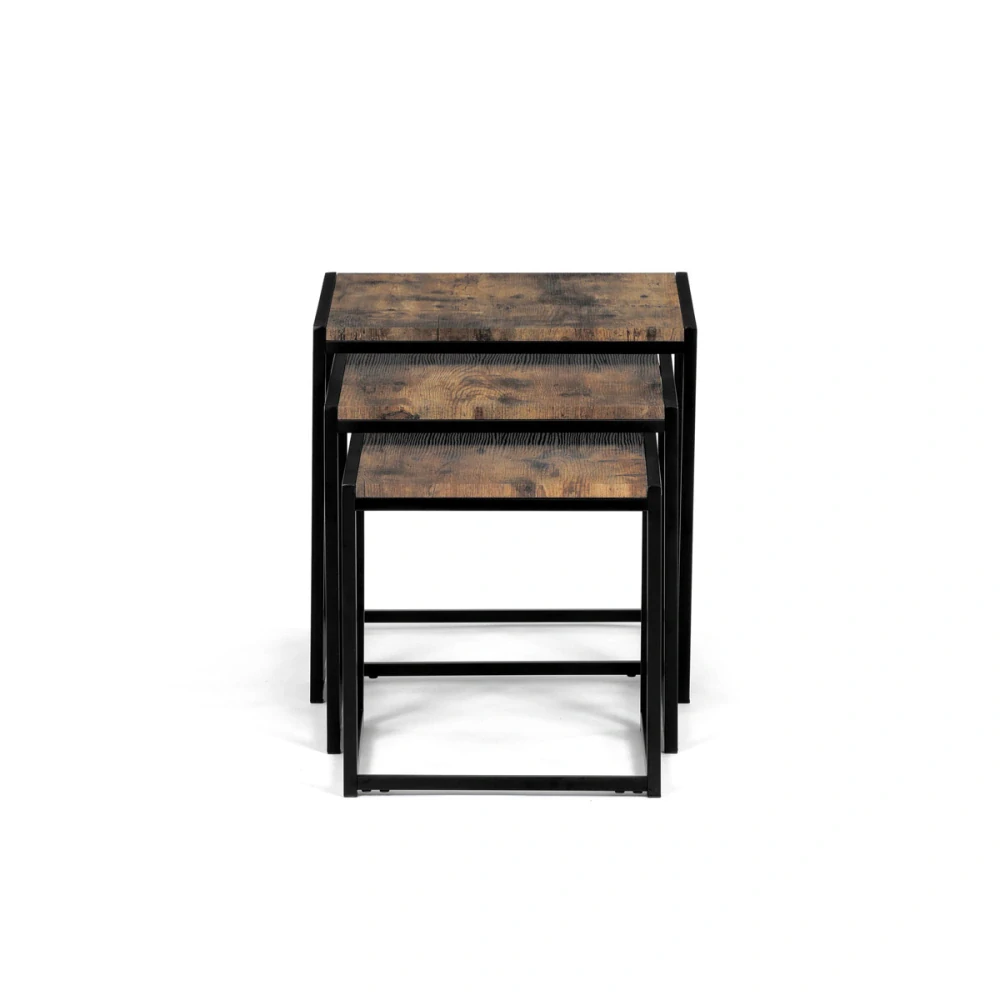 Set 3 ks odkládacích stolků, MDF, dekor staré dřevo, kov, černý lak