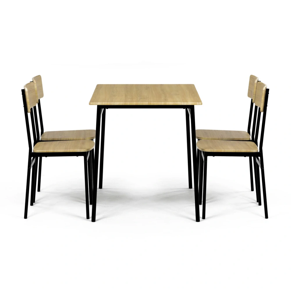 Jídelní set (1+4), MDF dekor divoký dub, čtyřnohá kovová podnož, černý matný lak