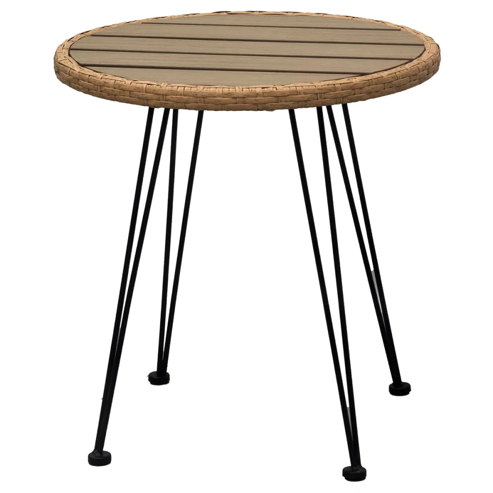 Zahradní set stůl + 2 židle, kov, umělý ratan, látka béžová, deska stolku polywood