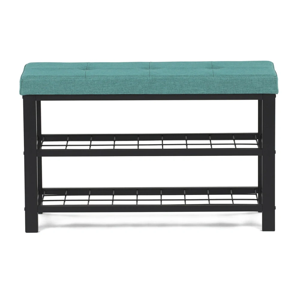 Botník 2 police, potah zelená látka, kov - černý matný lak