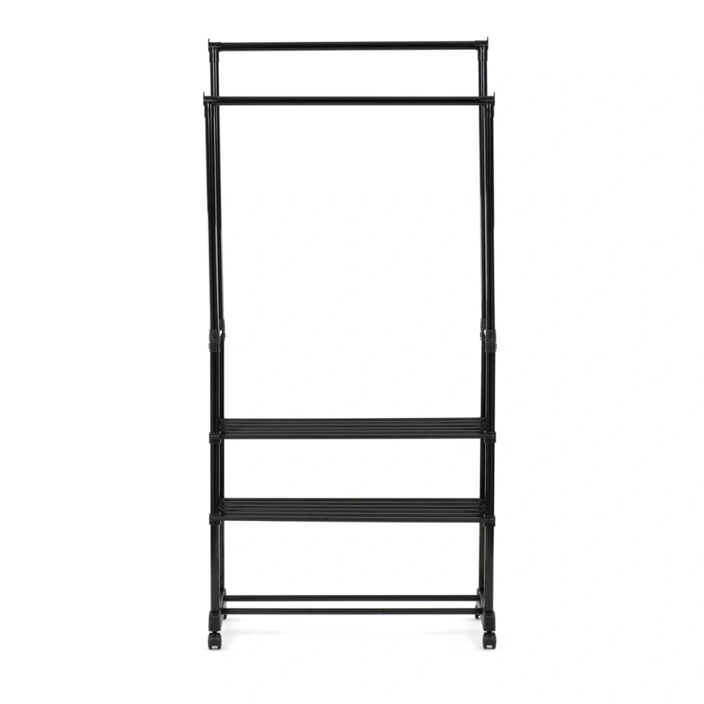 Stojan na šaty dvouramenný se třemi policemi, černá barva, kov / plast, chrom