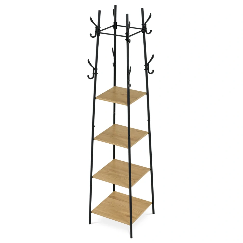 Věšák se 4 policemi, dekor divoký dub, MDF, černý lak