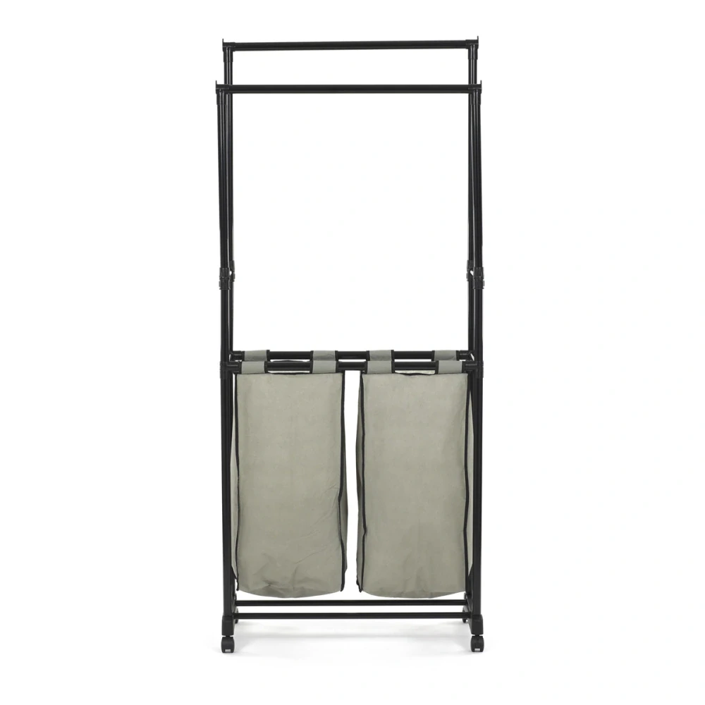 Věšák dvouramenný s košem na prádlo, černý plast.