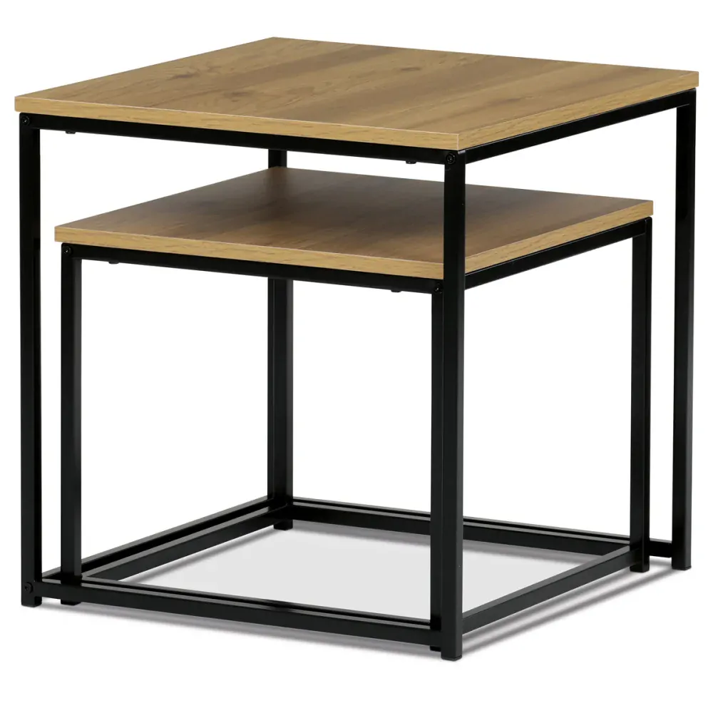 Set 2 ks odkládacích stolků, MDF, dekor divoký dub, kov, černý lak