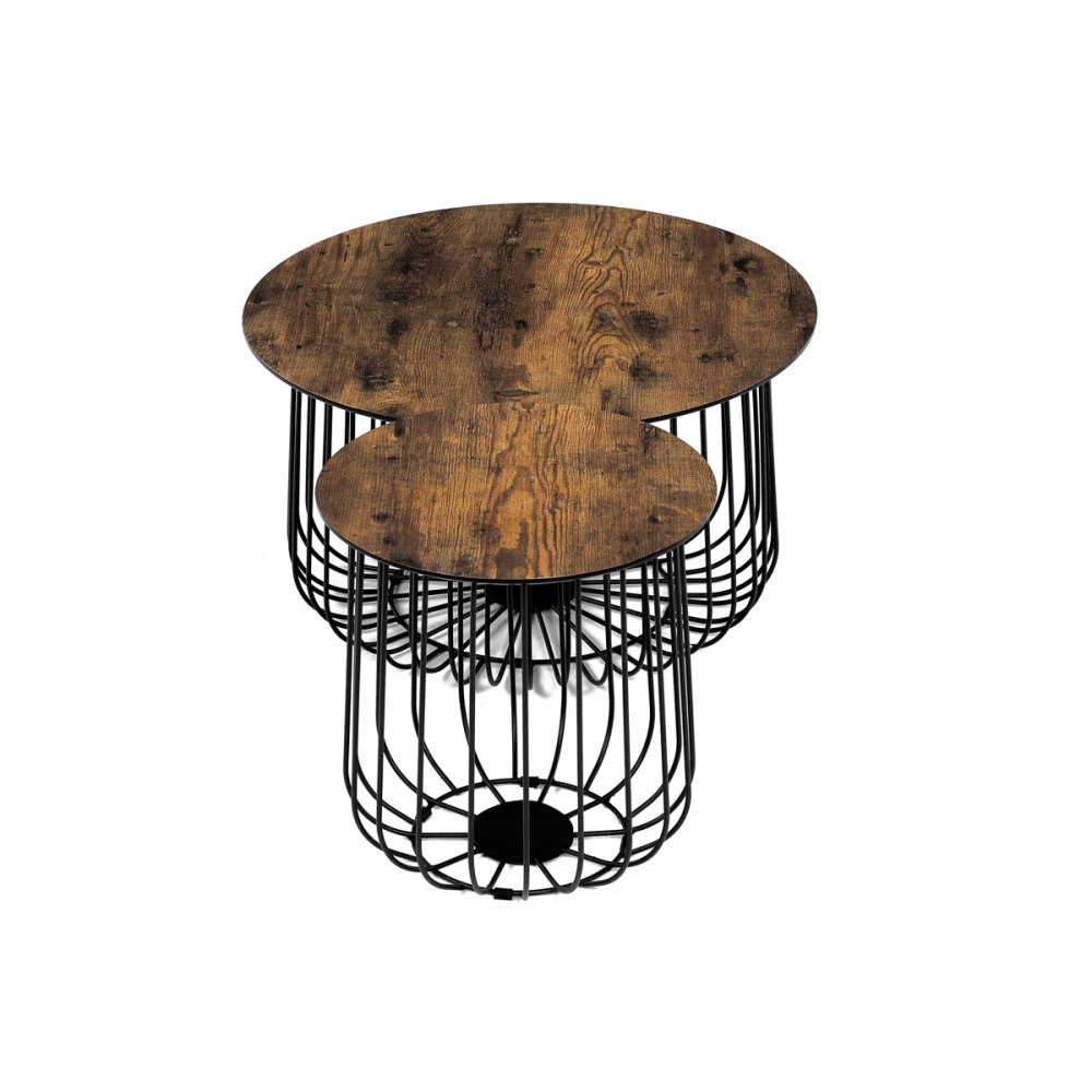 Set 2 ks stolků,pr.60x34, pr.37x39 cm, deska MDF, 3D dekor staré dřevo, kovová drátěná podnož, černý mat