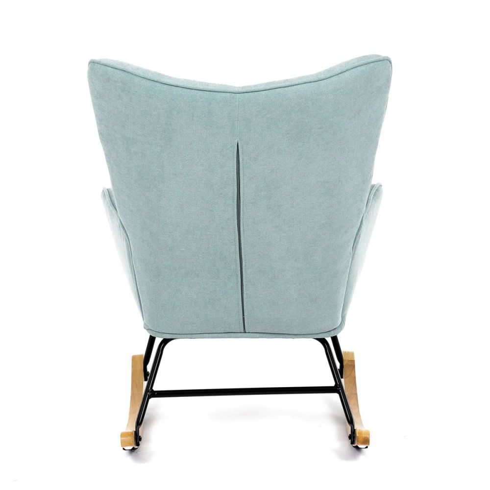 Křeslo houpací, potah světle modrá látka, dřevěné nohy, masiv kaučukovník