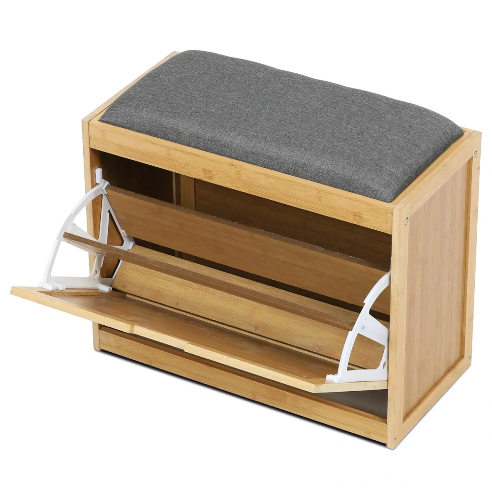 Botník, masiv bambus, přírodní odstín, šedá látka