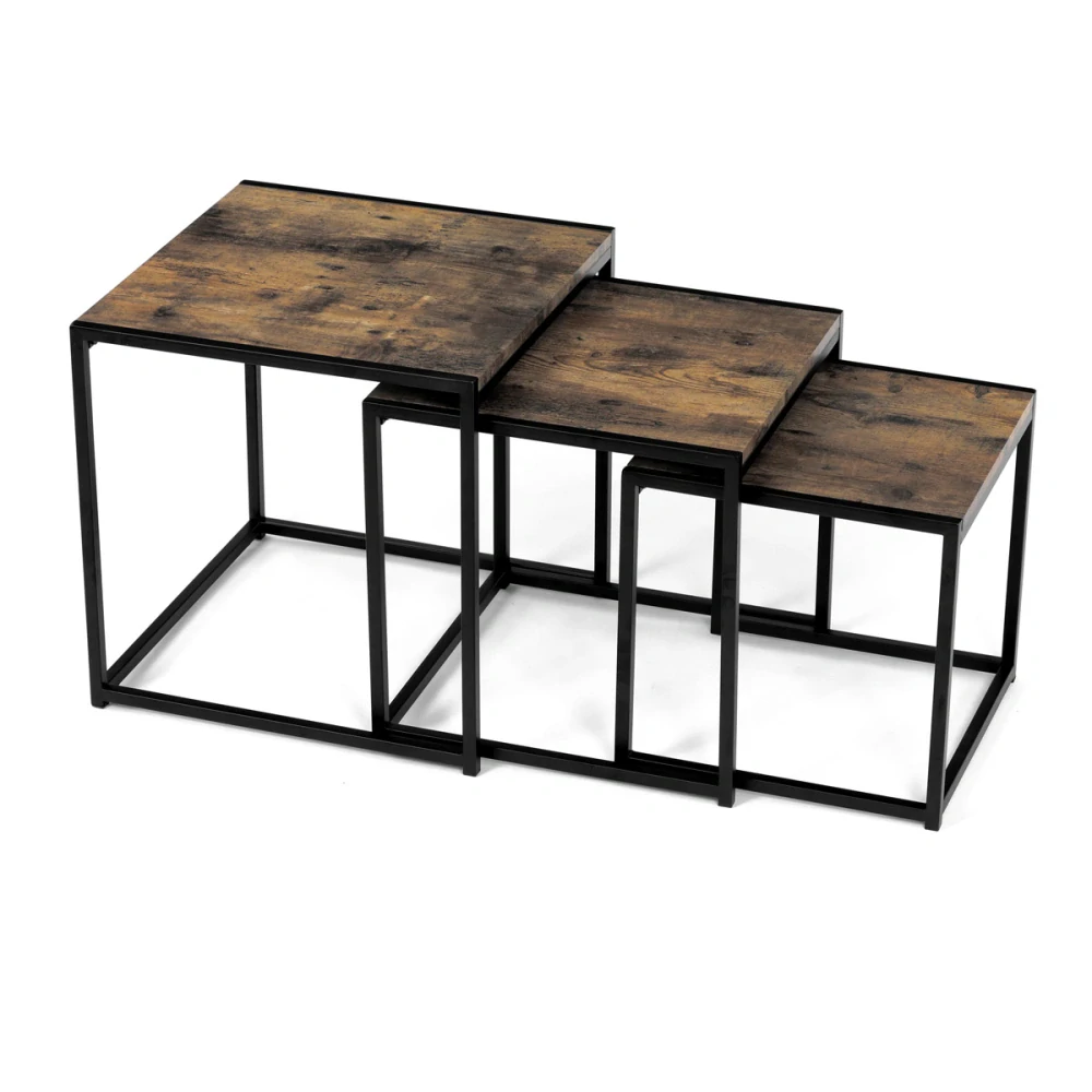 Set 3 ks odkládacích stolků, MDF, dekor staré dřevo, kov, černý lak