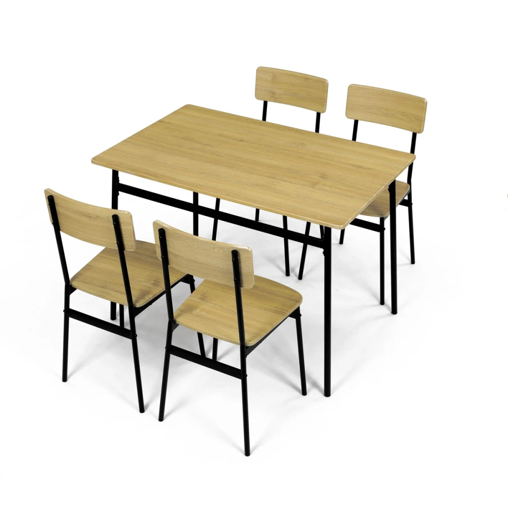 Jídelní set (1+4), MDF dekor divoký dub, čtyřnohá kovová podnož, černý matný lak