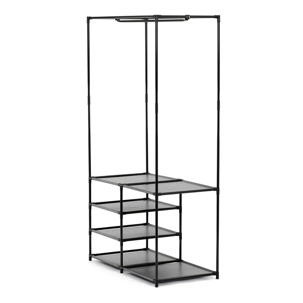 Stojan na šaty dvouramenný se čtyřmi policemi, černá barva, kov / plast, chrom