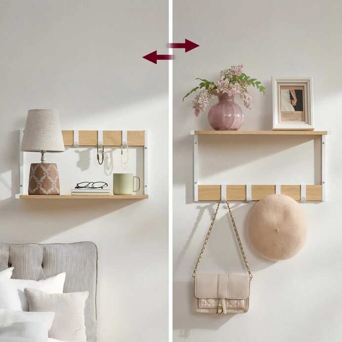 Set 2 nástěnných poliček MDF – béžová + kovové prvky | ABP‑E1083‑WT