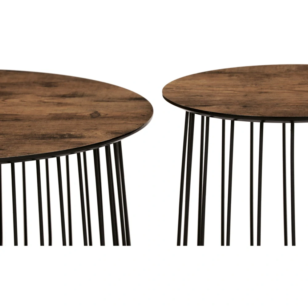 Set 2 ks stolků,pr.60x34, pr.37x39 cm, deska MDF, 3D dekor staré dřevo, kovová drátěná podnož, černý mat