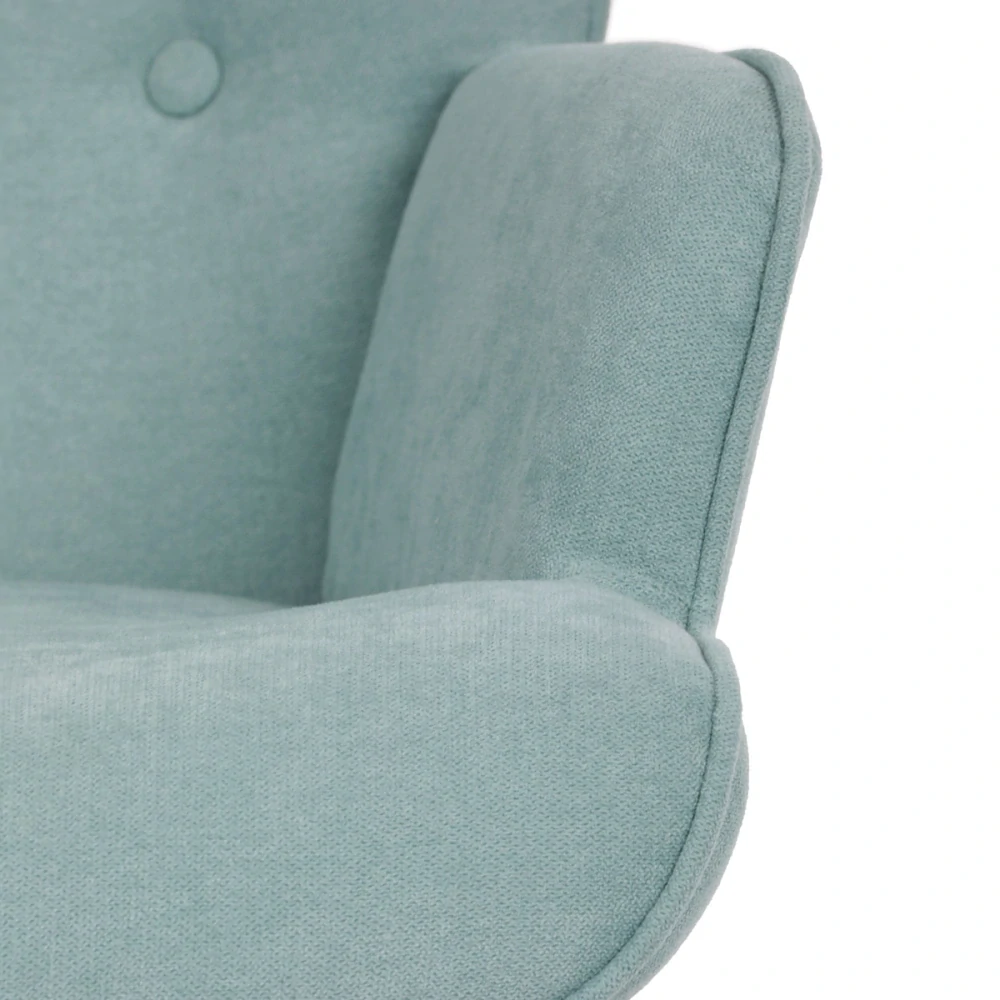 Křeslo houpací, potah světle modrá látka, dřevěné nohy, masiv kaučukovník