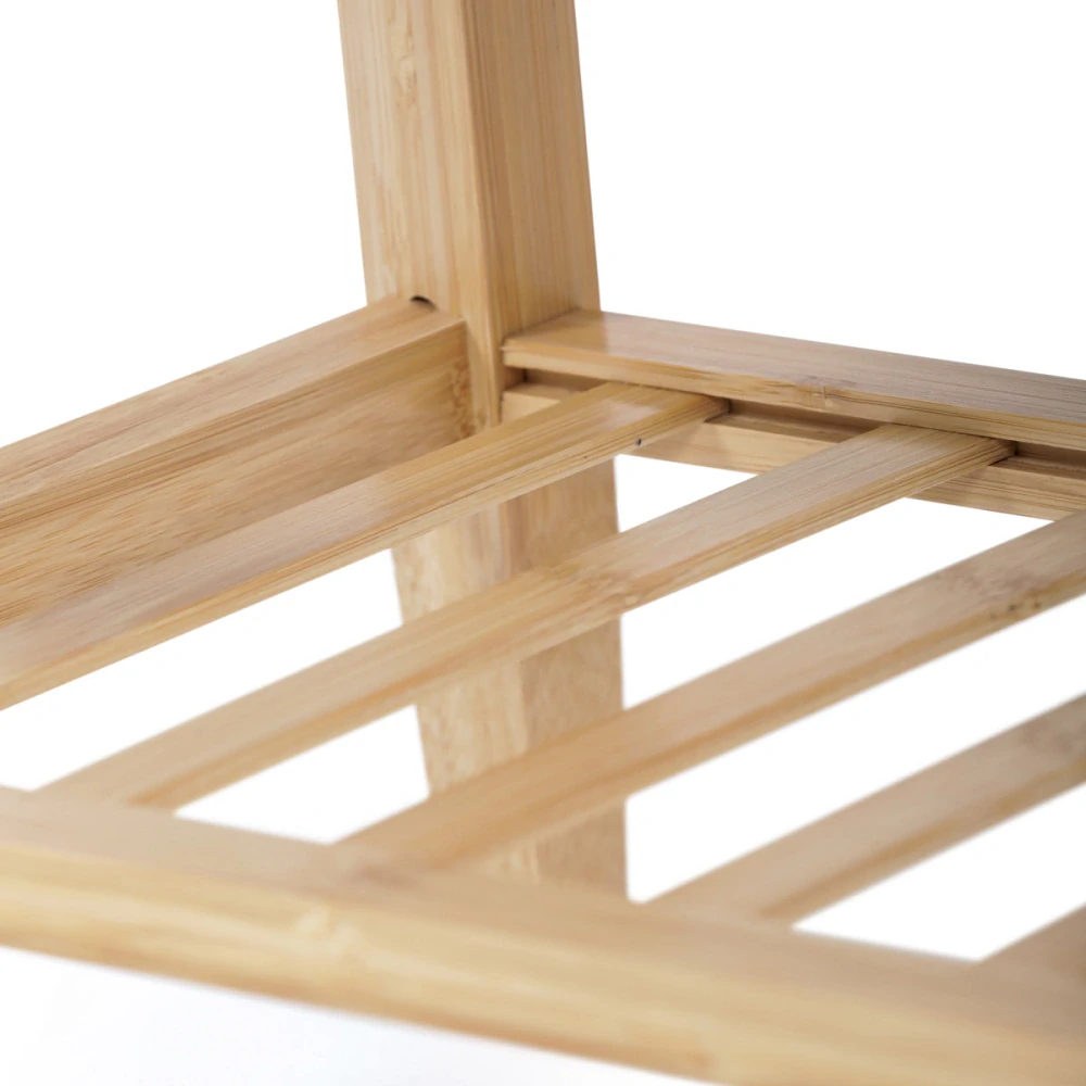 Botník / taburet, police, masiv bambus, přírodní odstín, šedá látka