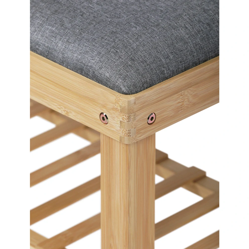 Botník / taburet, 2 police, masiv bambus, přírodní odstín, šedá látka