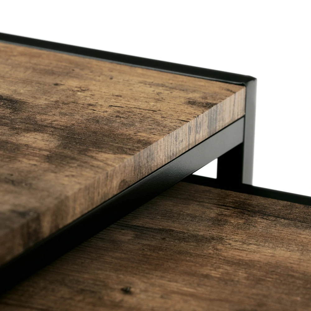 Set 3 ks odkládacích stolků, MDF, dekor staré dřevo, kov, černý lak