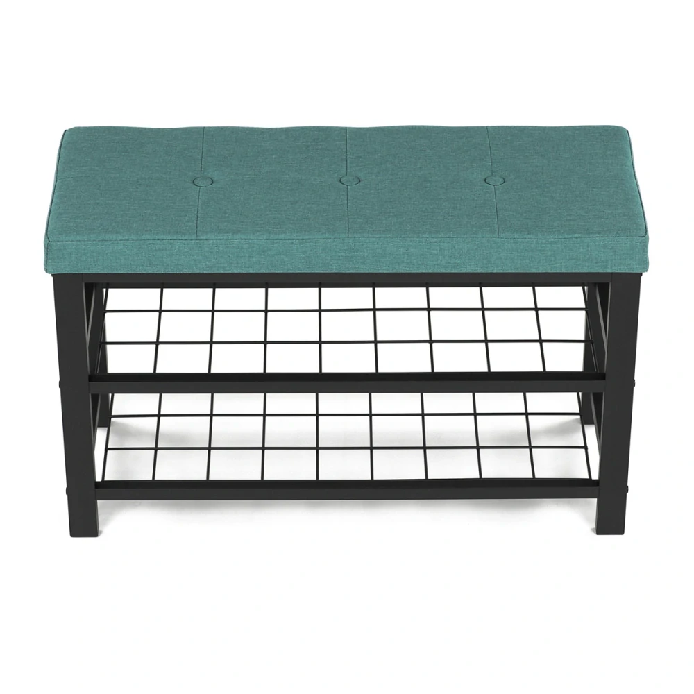 Botník 2 police, potah zelená látka, kov - černý matný lak