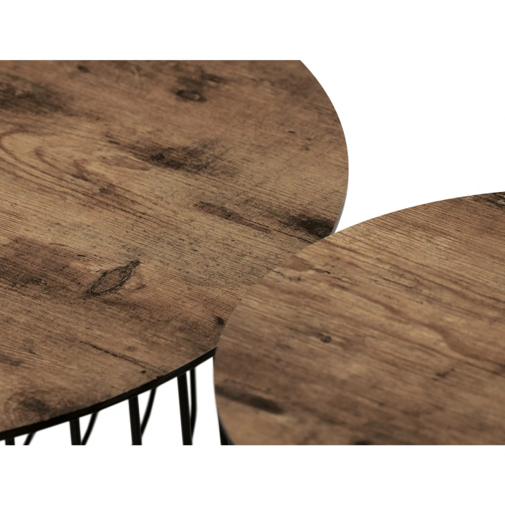 Set 2 ks stolků,pr.60x34, pr.37x39 cm, deska MDF, 3D dekor staré dřevo, kovová drátěná podnož, černý mat