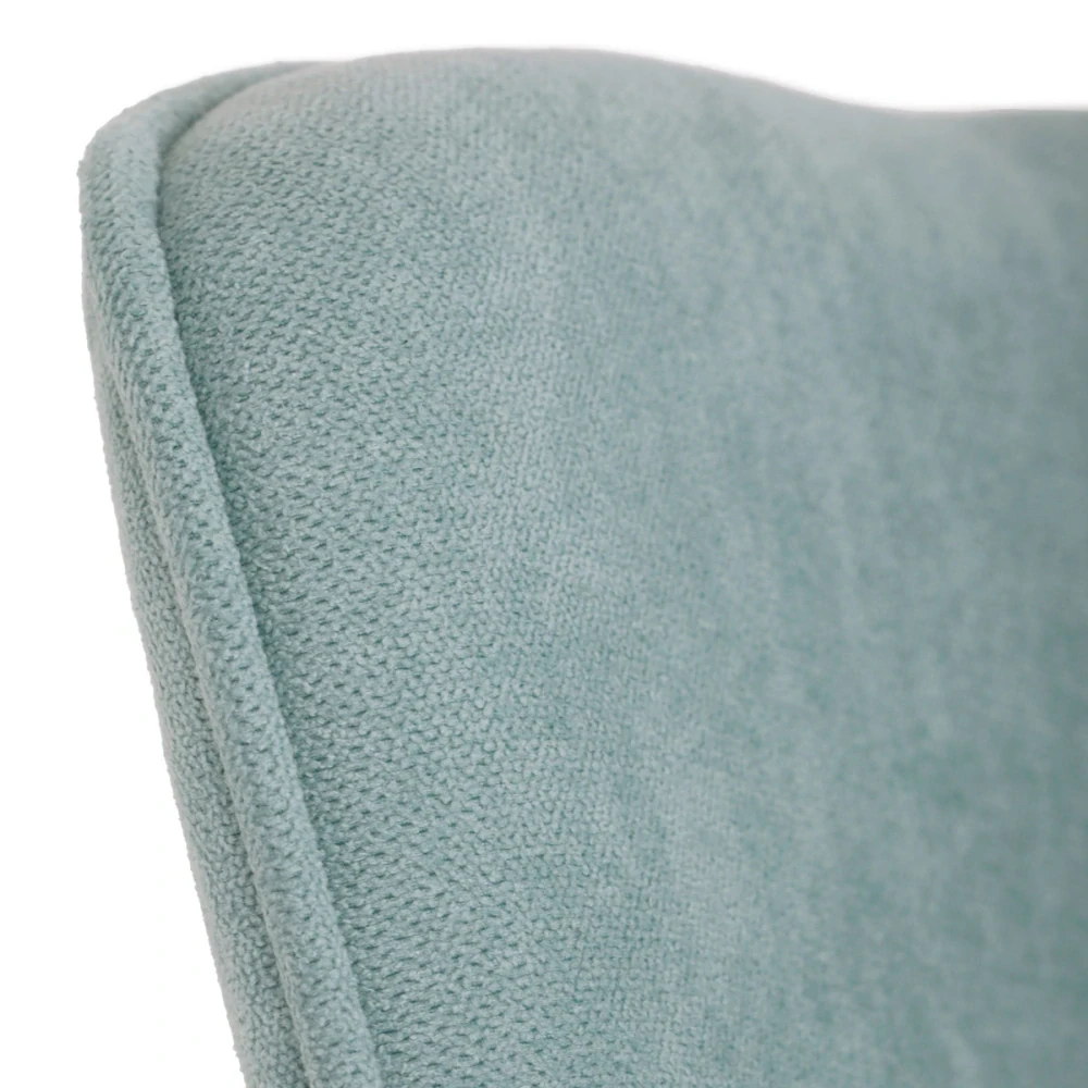 Křeslo houpací, potah světle modrá látka, dřevěné nohy, masiv kaučukovník