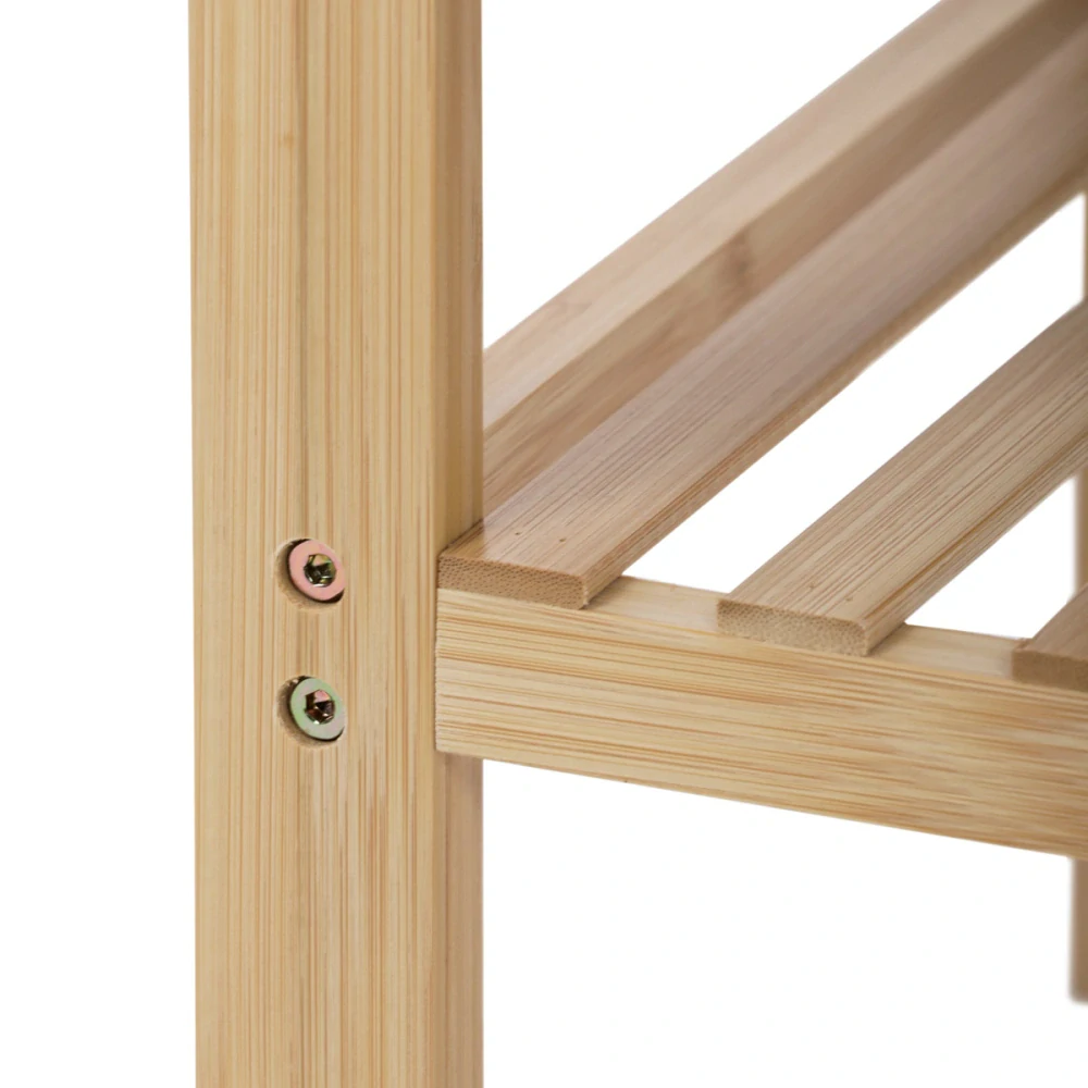 Botník / taburet, police, masiv bambus, přírodní odstín, šedá látka