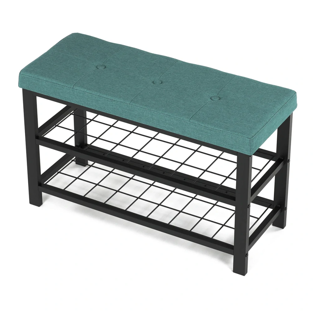 Botník 2 police, potah zelená látka, kov - černý matný lak