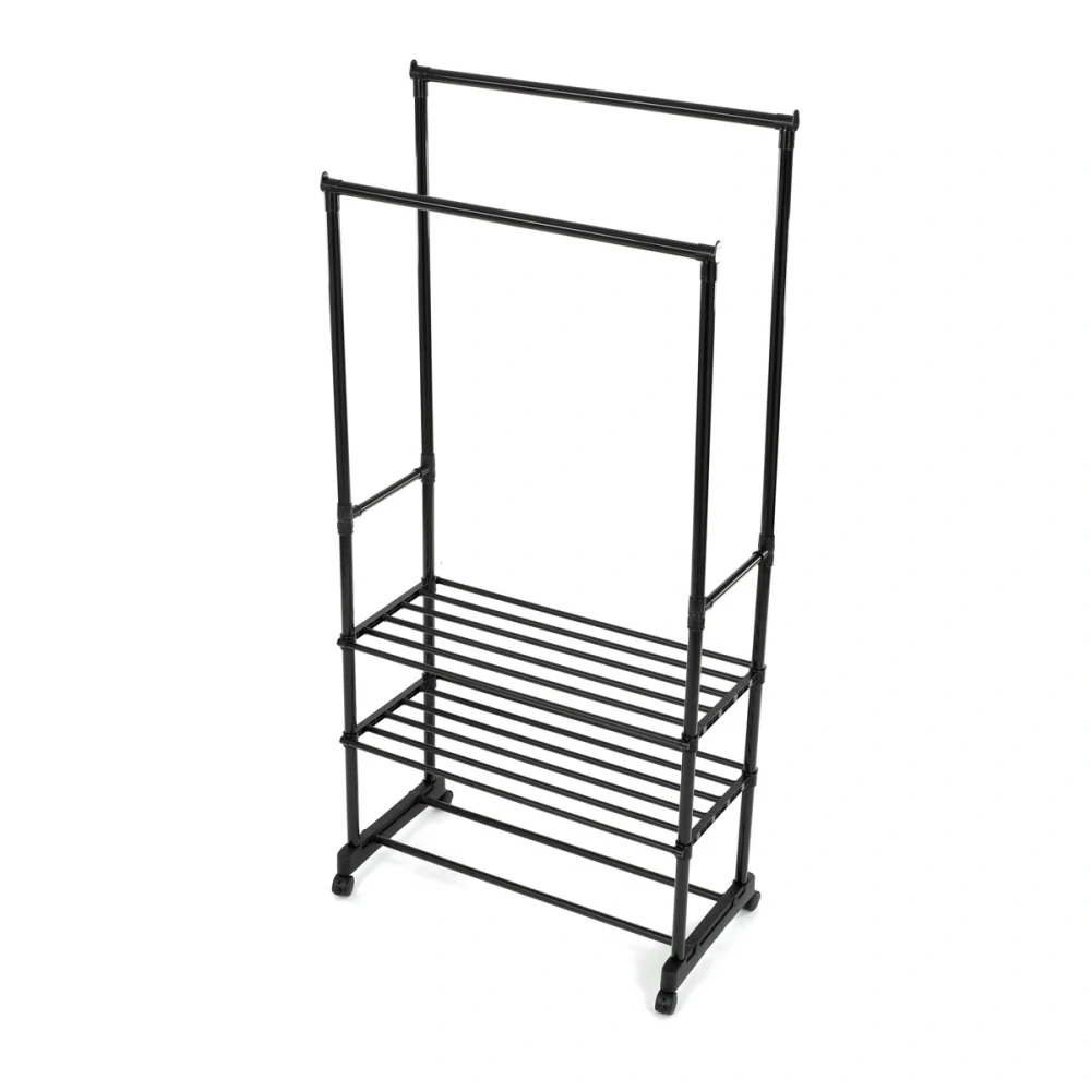 Stojan na šaty dvouramenný se třemi policemi, černá barva, kov / plast, chrom