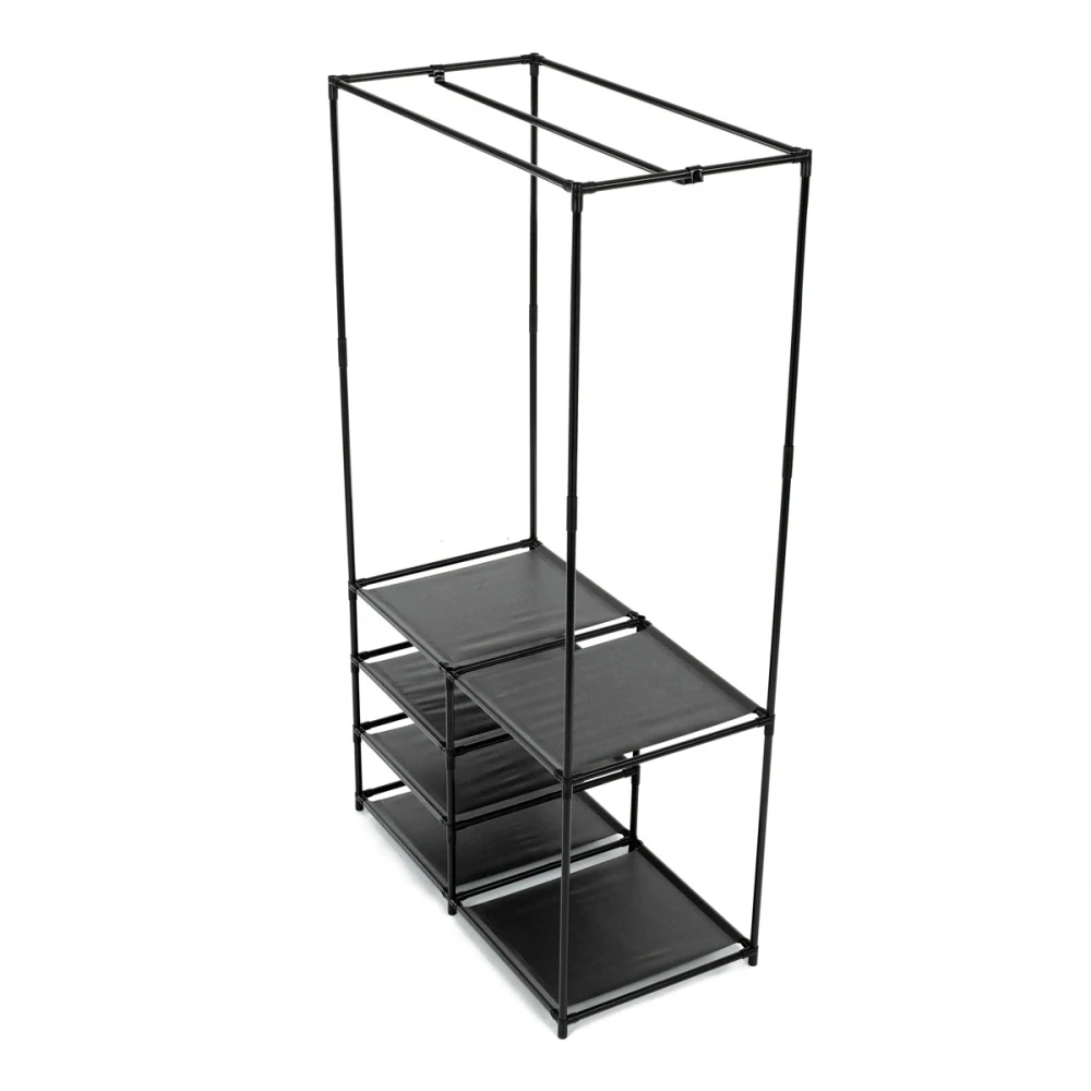 Stojan na šaty dvouramenný se čtyřmi policemi, černá barva, kov / plast, chrom