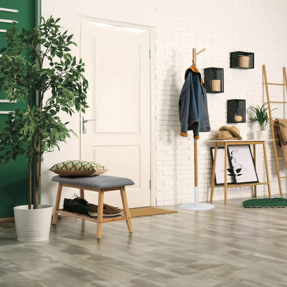 Botník / taburet, police, masiv bambus, přírodní odstín, šedá látka